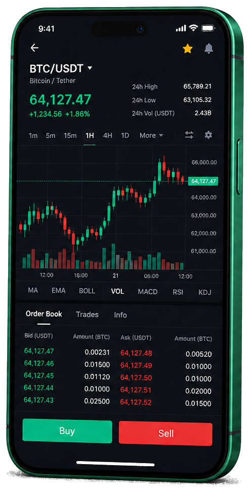 Entorno móvil de trading de Fiera Rendovía — gráfico BTC/USDT en directo, libro de órdenes y controles de compra y venta